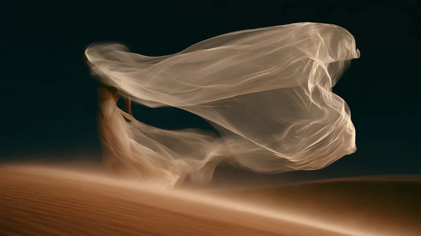 A sheet of translucent silk lifting off a dune in the wind