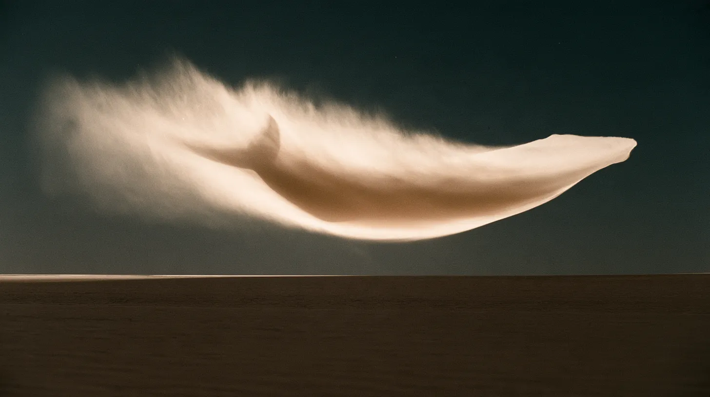 A whale made of drifting sand floating above the desert