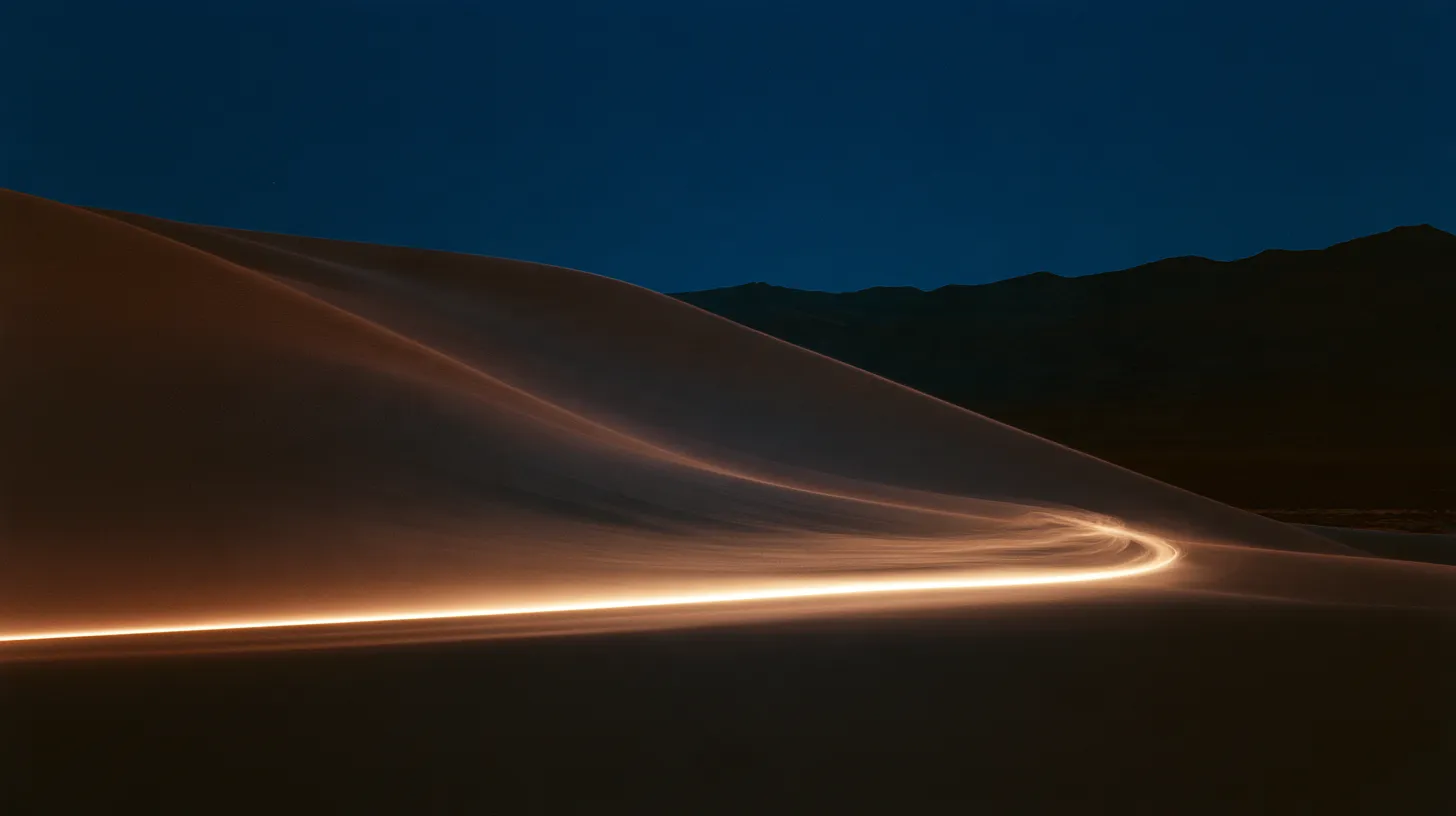 A streak of light racing along a dune at blue hour