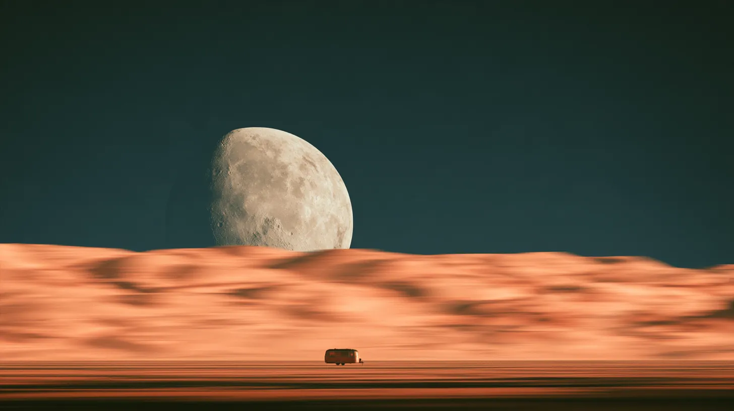 A pale moon rising over orange dunes above a small caravan